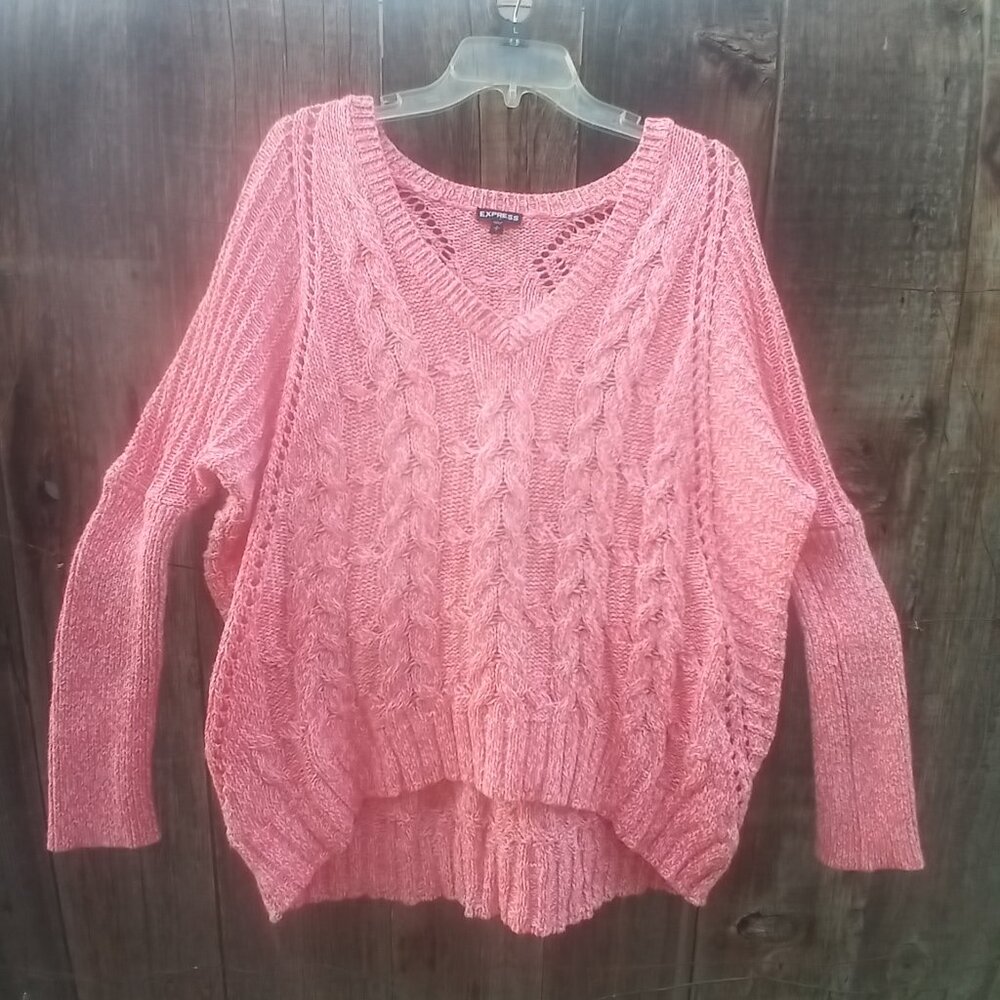 Express Sweater Womens S/P Pink Pullover V-Neck Dolman Sleeves Hi-Low Open Knit